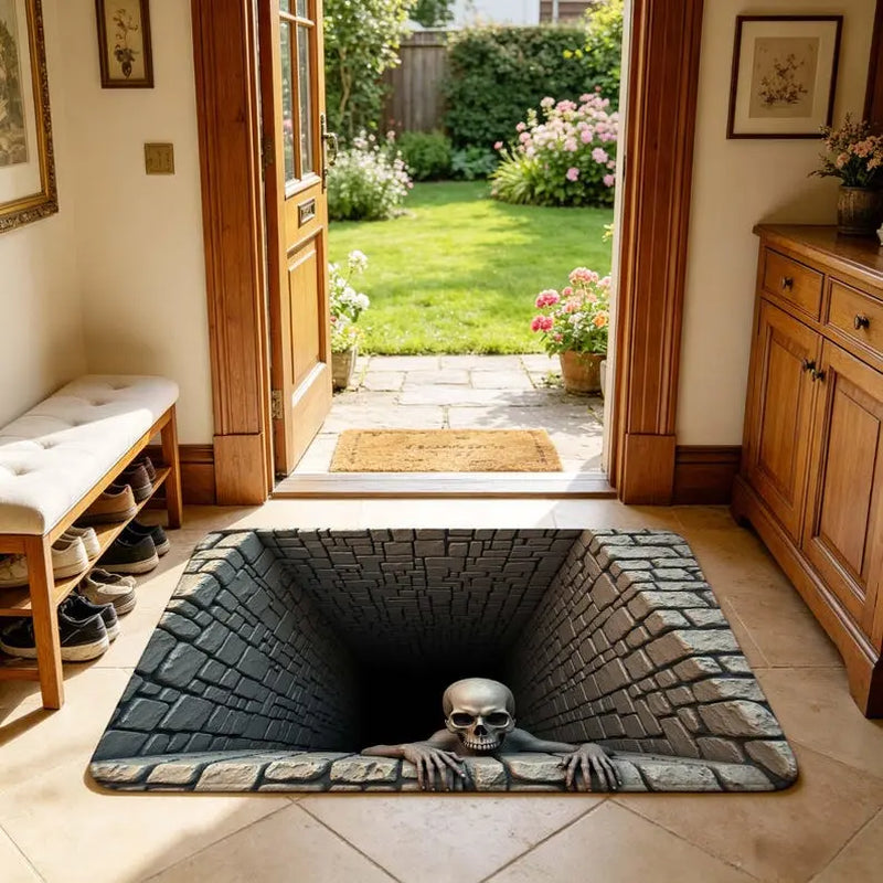 3D Optical Illusion Skull Pit Doormat, Creepy Skeleton Deep Brick Hole Non-Slip Floor Mat, Spooky Halloween Entryway Home Decor