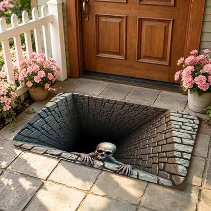 3D Optical Illusion Skull Pit Doormat, Creepy Skeleton Deep Brick Hole Non-Slip Floor Mat, Spooky Halloween Entryway Home Decor
