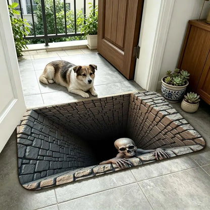 3D Optical Illusion Skull Pit Doormat, Creepy Skeleton Deep Brick Hole Non-Slip Floor Mat, Spooky Halloween Entryway Home Decor